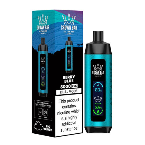 Al Fakher Crown Bar 8000 Berry Blue disposable vape with LCD Screen Dual Mode, smooth and sweet blueberry sensation