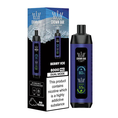 Al Fakher Crown Bar 8000 Berry Ice disposable vape with LCD Screen Dual Mode featuring icy, sweet mixed berries flavor