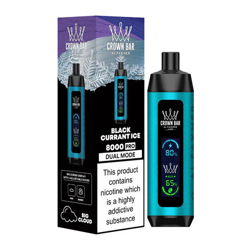 Al Fakher Crown Bar 8000 Blackcurrant Ice disposable vape with LCD Screen Dual Mode, rich blackcurrant with a cool menthol finish
