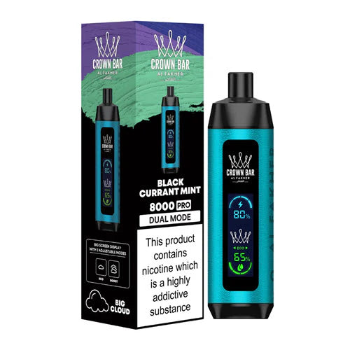 Al Fakher Crown Bar 8000 Blackcurrant Mint disposable vape with LCD Screen Dual Mode, juicy blackcurrants paired with mint freshness