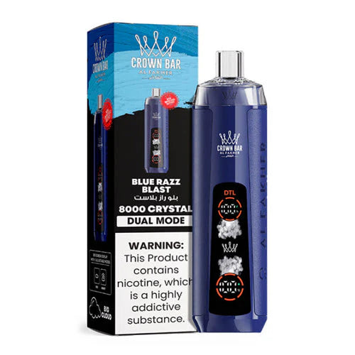Al Fakher Crown Bar 8000 Blue Razz Blast disposable vape with LCD Screen Dual Mode, bold blue raspberry flavor explosion