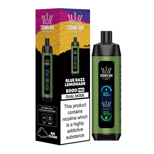 Al Fakher Crown Bar 8000 Blue Razz Lemonade disposable vape with LCD Screen Dual Mode, tart lemonade infused with sweet blue raspberry