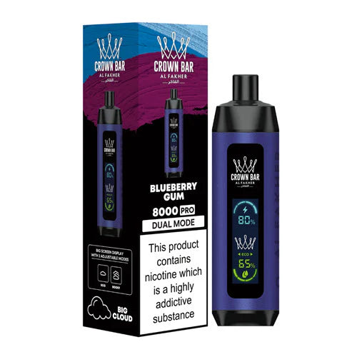Al Fakher Crown Bar 8000 Blueberry Cherry disposable vape with LCD Screen Dual Mode, deliciously sweet blueberries and cherries