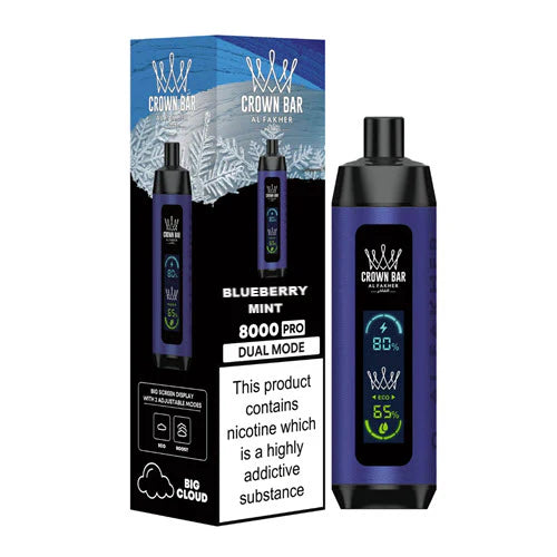 Al Fakher Crown Bar 8000 Blueberry Mint disposable vape with LCD Screen Dual Mode, sweet blueberries accented by minty freshness