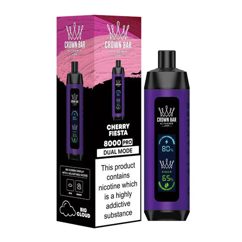 Al Fakher Crown Bar 8000 Cherry Fiesta disposable vape with LCD Screen Dual Mode, vibrant and juicy cherry flavor