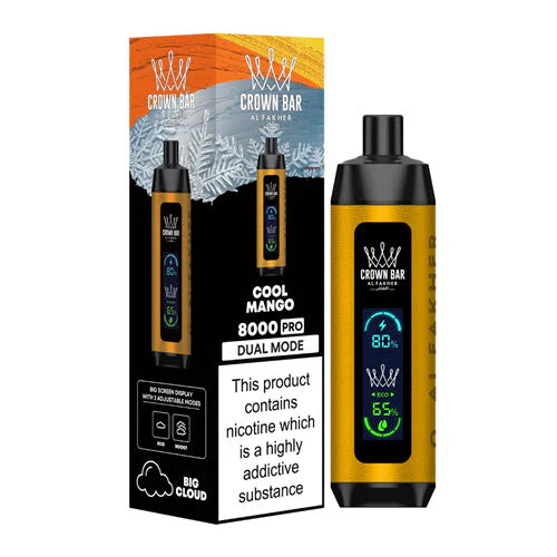 Al Fakher Crown Bar 8000 Cool Mango disposable vape with LCD Screen Dual Mode, tropical mango taste with a cool menthol twist