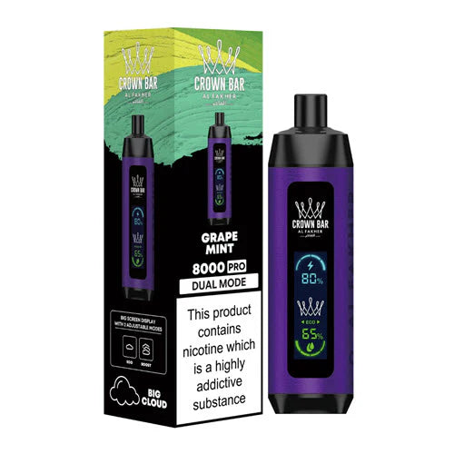 Al Fakher Crown Bar 8000 Grape Mint disposable vape with LCD Screen Dual Mode, juicy grapes perfectly balanced with mint freshness