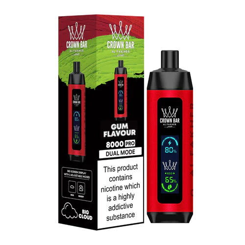 Al Fakher Crown Bar 8000 Gum Flavour disposable vape with LCD Screen Dual Mode, sweet bubblegum with an icy mint finish
