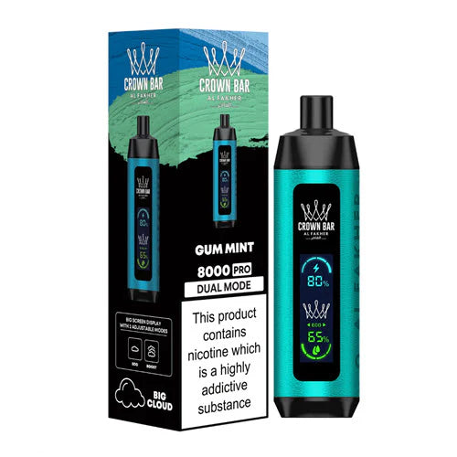 Al Fakher Crown Bar 8000 Gum Mint disposable vape with LCD Screen Dual Mode, sweet bubblegum with an icy mint finish