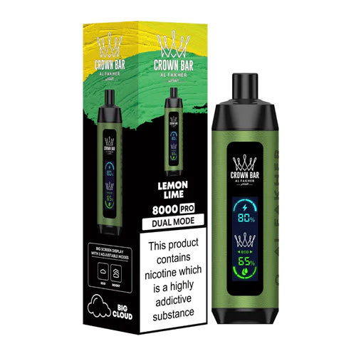 Al Fakher Crown Bar 8000 Lemon Lime disposable vape with LCD Screen Dual Mode, zesty and refreshing citrus blend