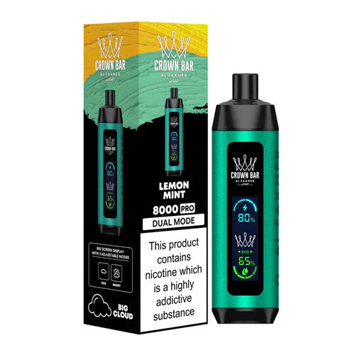 Al Fakher Crown Bar 8000 Lemon Mint disposable vape with LCD Screen Dual Mode, refreshing lemon flavor enhanced with cool mint