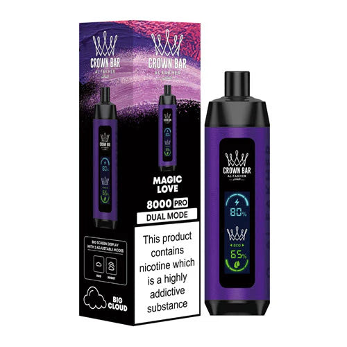Al Fakher Crown Bar 8000 Magic Love disposable vape with LCD Screen Dual Mode, enchanting mix of exotic fruits