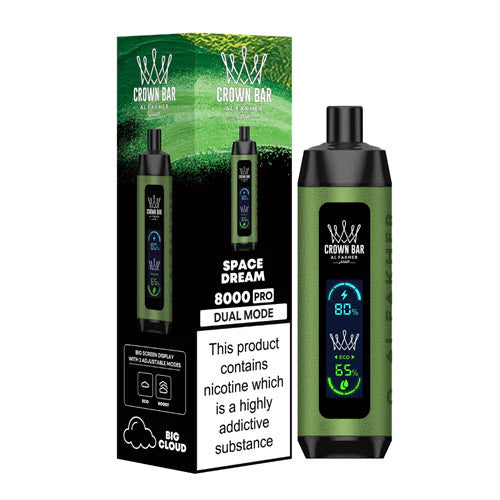 Al Fakher Crown Bar 8000 Space Dream disposable vape with LCD Screen Dual Mode, dreamy blend of sweet fruits