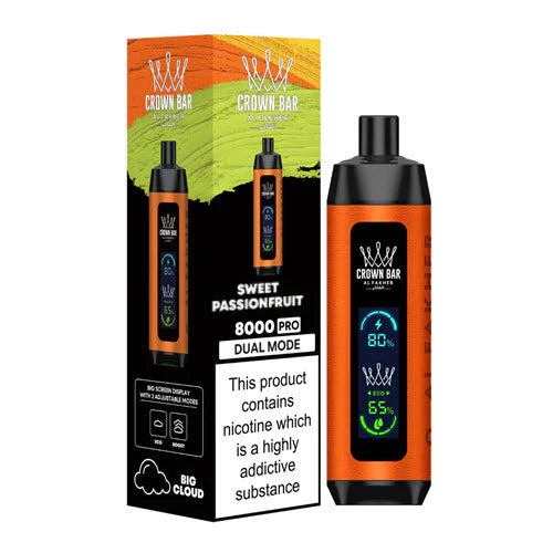 Al Fakher Crown Bar 8000 Sweet Passionfruit disposable vape with LCD Screen Dual Mode, tropical sweet passionfruit taste