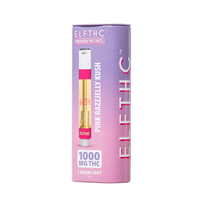 ELF THC Cartridge 1G Pink Razzjelly Kush flavor with a sweet, tart raspberry and jelly blend, topped with kush.