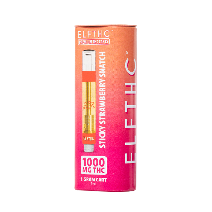 ELF THC Cartridge 1G Sticky Strawberry Snatch flavor with sweet, sticky strawberries for a rich and indulgent taste.