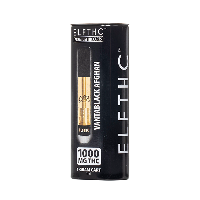 ELF THC Cartridge 1G Vantablack Afghan flavor with a rich, earthy, and spicy kush experience.