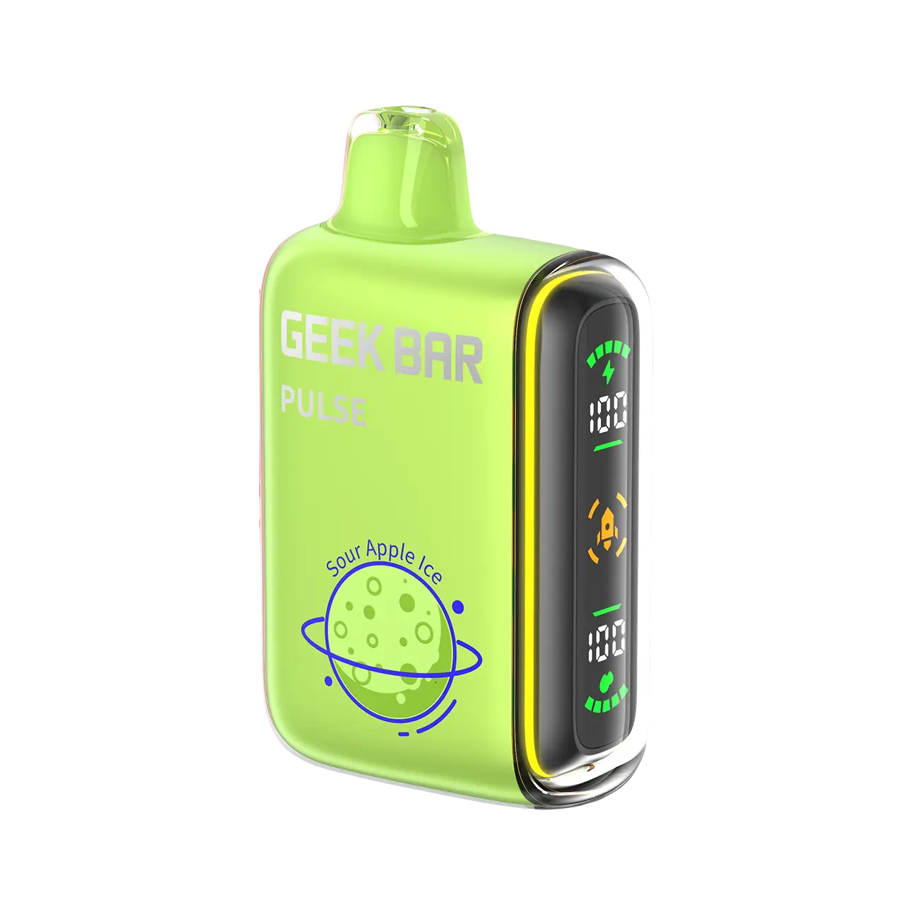 Geek Bar Pulse 15000 Sour Apple Ice disposable vape featuring crisp sour apples blended with icy menthol, perfect for a refreshing vape.