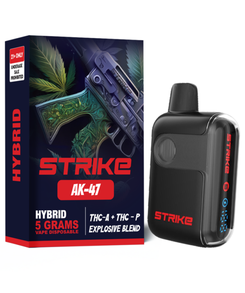 STRIKE THC-A EXPLOSIVE BLEND 5G VAPE DISPOSABLE AK-47 (Hybrid) flavor with earthy, sweet notes and a calming, euphoric effect.