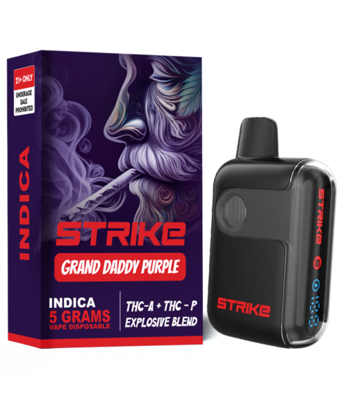 STRIKE THC-A EXPLOSIVE BLEND 5G VAPE DISPOSABLE Grand Daddy Purple (Indica) flavor with sweet grape and berry notes for a relaxing, soothing experience.