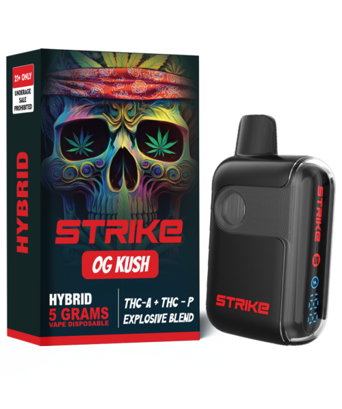 STRIKE THC-A EXPLOSIVE BLEND 5G VAPE DISPOSABLE OG Kush (Hybrid) flavor with earthy, piney undertones for a balanced, relaxing high.