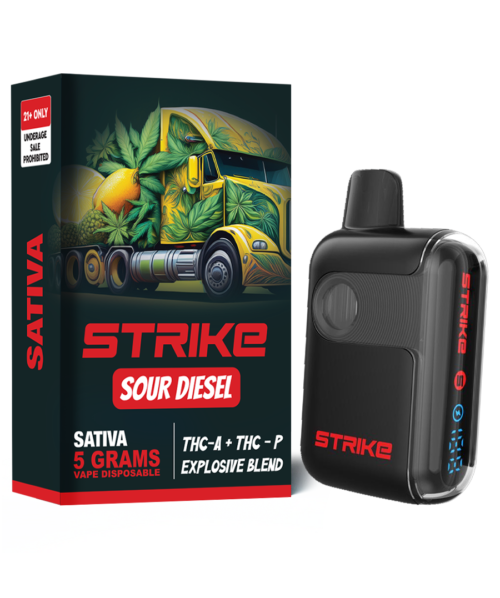 STRIKE THC-A EXPLOSIVE BLEND 5G VAPE DISPOSABLE Sour Diesel (Sativa) flavor with pungent diesel and earthy citrus notes for an invigorating, motivating high.