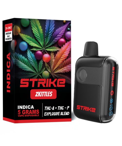 STRIKE THC-A EXPLOSIVE BLEND 5G VAPE DISPOSABLE Zkittles (Indica) flavor with candy-like sweetness and fruity tropical notes for a calming effect.