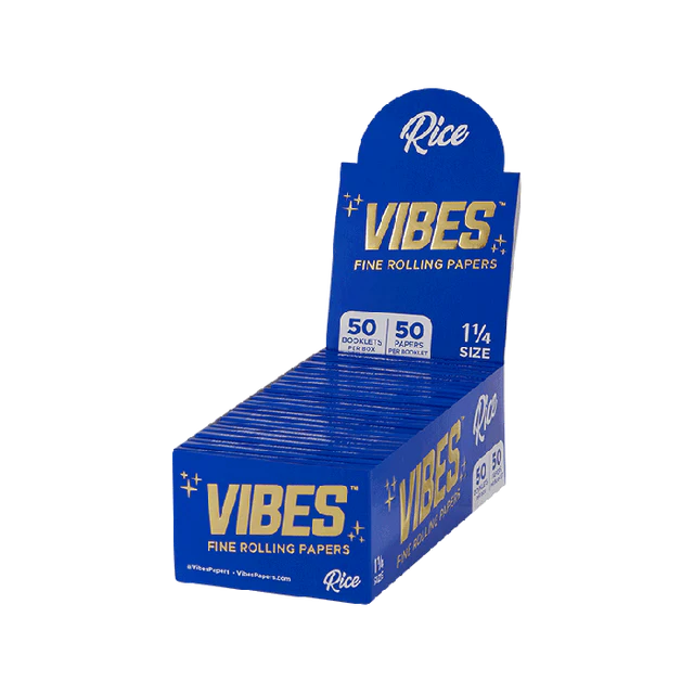 Box of Vibes 1 1/4 Rice Rolling Papers containing 50 booklets for smooth, slow-burning sessions.