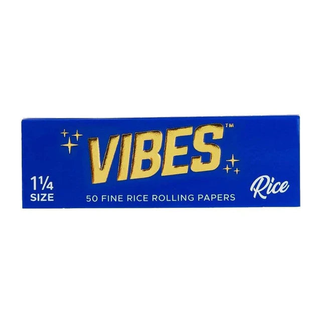 Single pack of Vibes 1 1/4 Rice Rolling Papers offering ultra-thin, smooth, and slow-burning sessions.