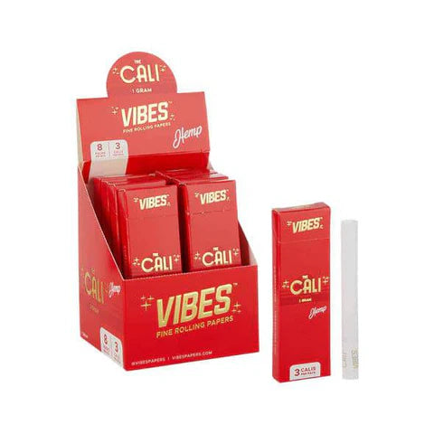 Box of Vibes Cali Hemp Pre Rolled Cones, 1-gram size, 3-pack, containing 8 units, ideal for smooth and natural smoking sessions.