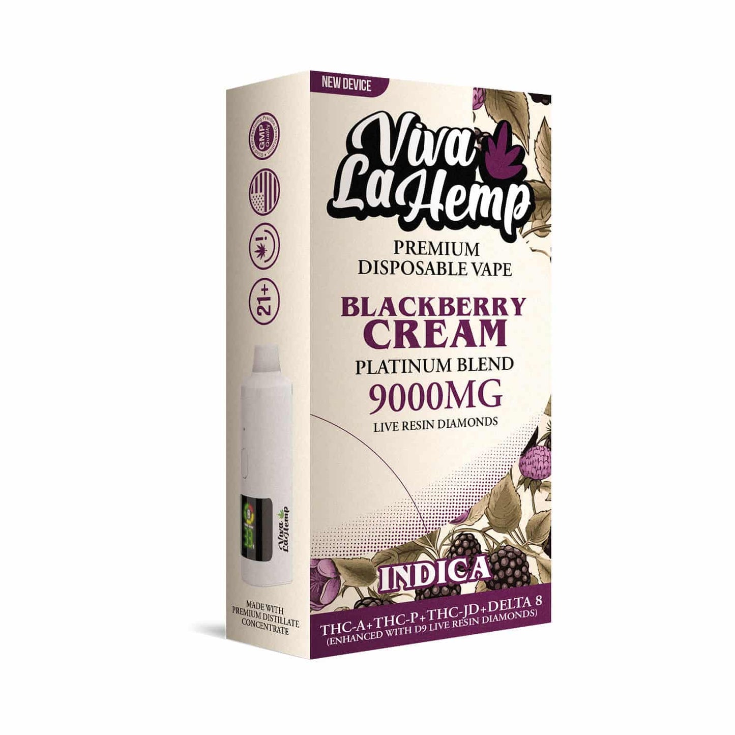 Viva La Hemp Platinum Blend Disposable Vape 9ML Blackberry Cream (Indica) flavor with sweet, rich blackberry and smooth cream for a calming, euphoric high.