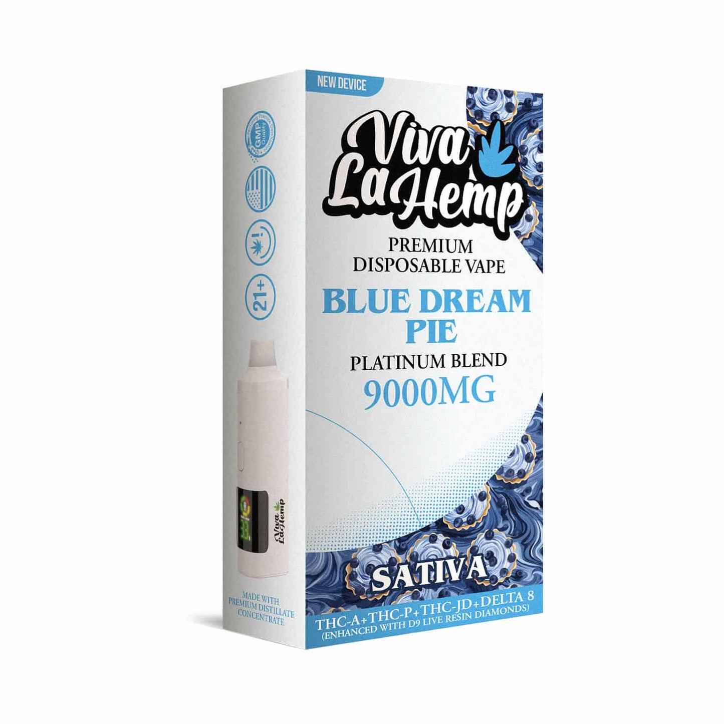 Viva La Hemp Platinum Blend Disposable Vape 9ML Blue Dream Pie (Sativa) flavor with sweet blueberries and earthy pie notes for an uplifting experience.