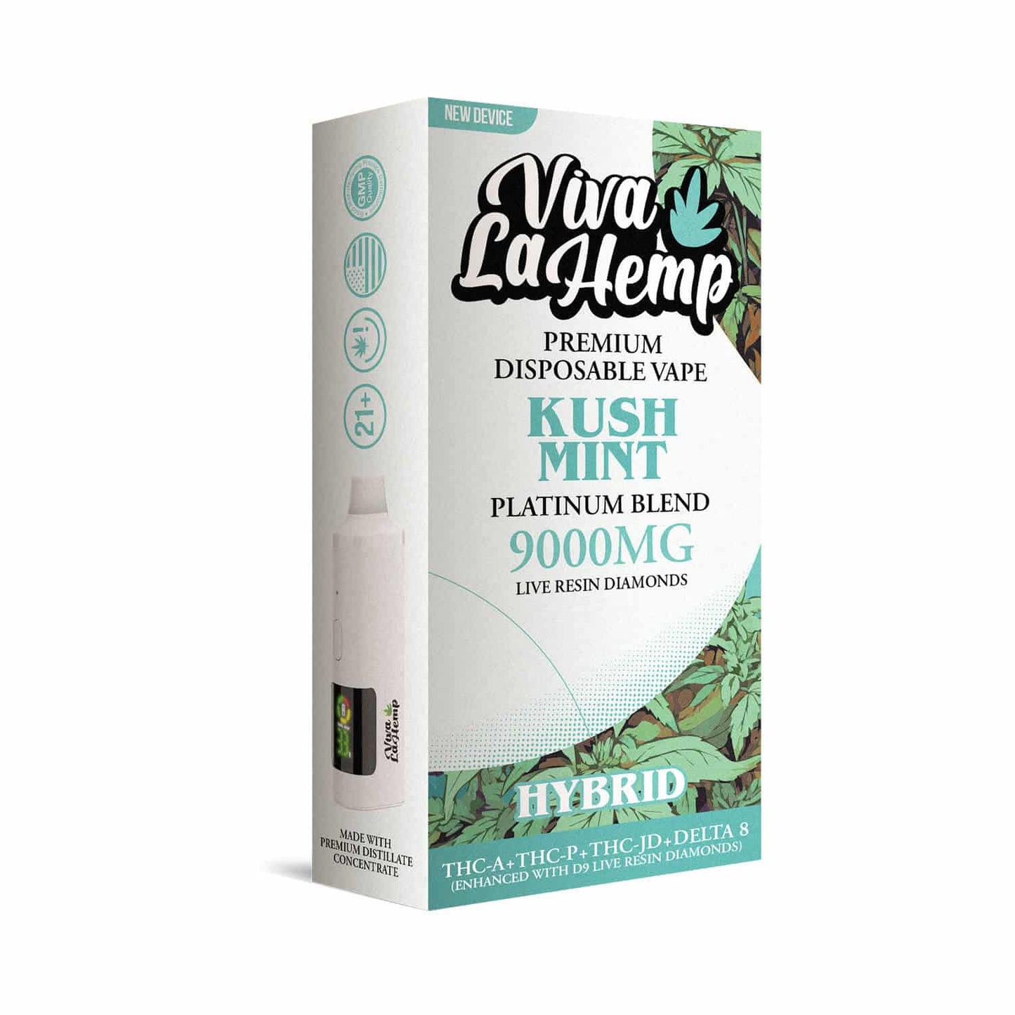 Viva La Hemp Platinum Blend Disposable Vape 9ML Kush Mint (Hybrid) flavor with minty freshness and earthy kush for a balanced, relaxing experience.