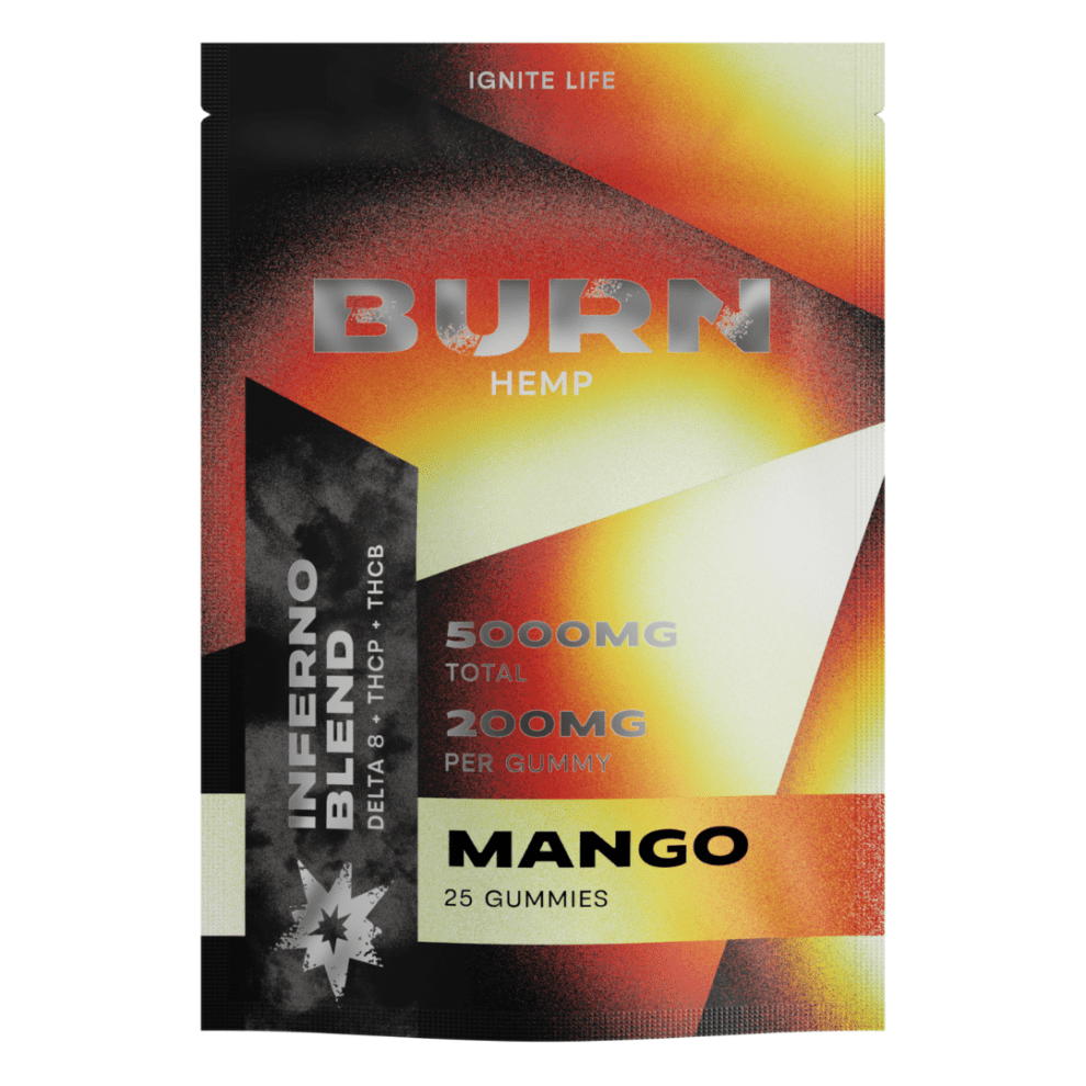 Burn Hemp Inferno Blend Gummies 5000mg Mango flavor with tropical mango sweetness for a fruity, refreshing treat.
