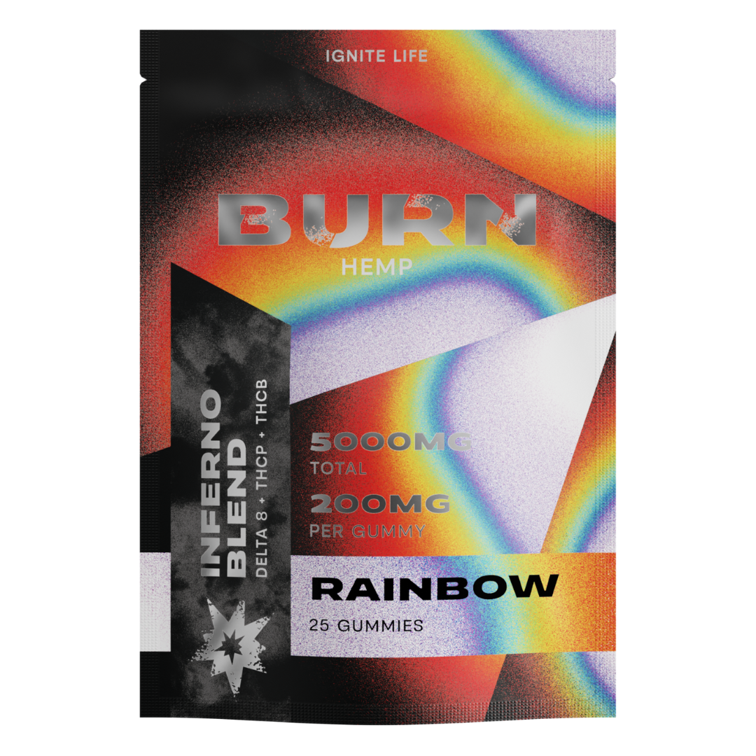 Burn Hemp Inferno Blend Gummies 5000mg Rainbow flavor with a vibrant mix of fruity flavors for a fun and colorful experience.