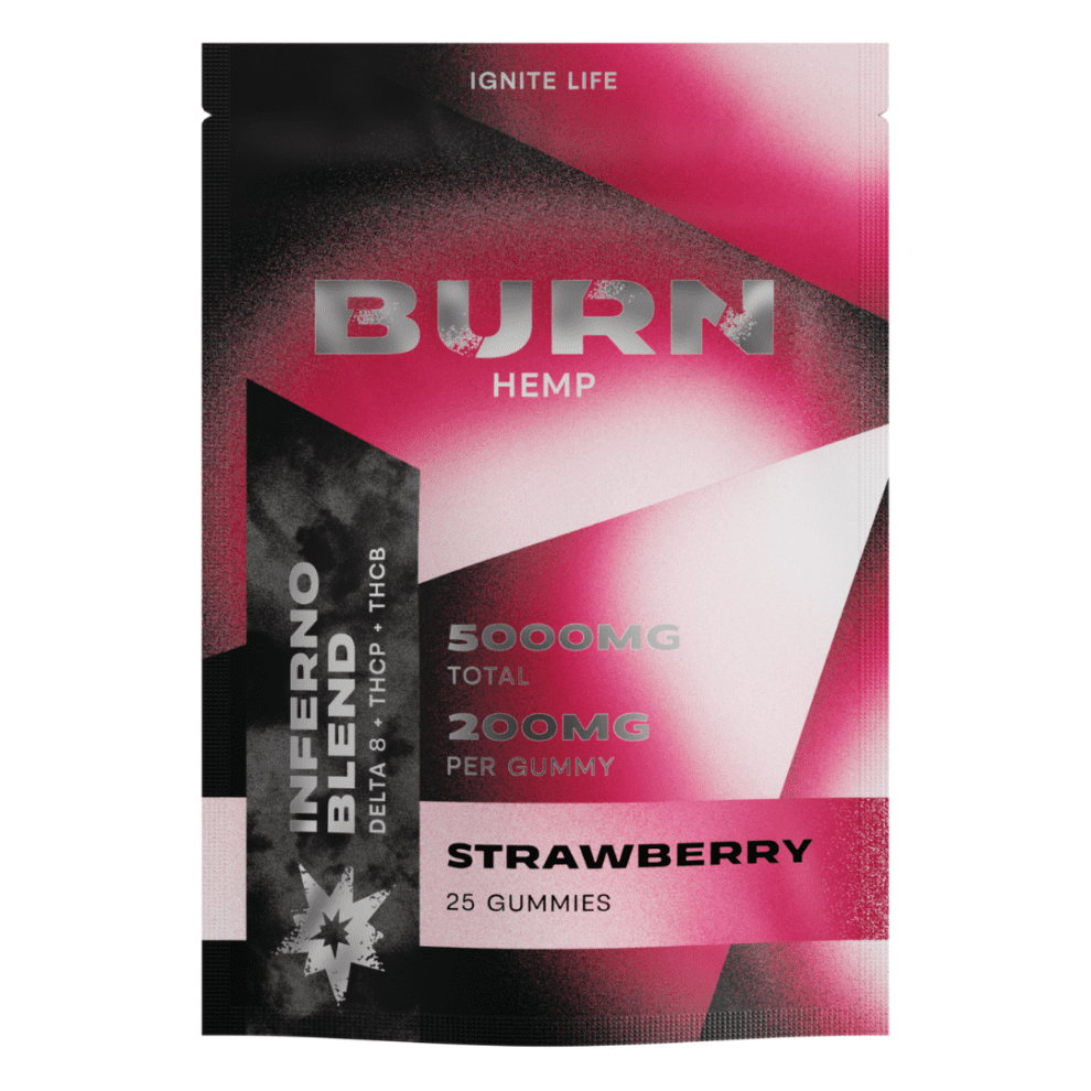 Burn Hemp Inferno Blend Gummies 5000mg Strawberry flavor with a rich, juicy strawberry taste for a sweet and satisfying gummy.
