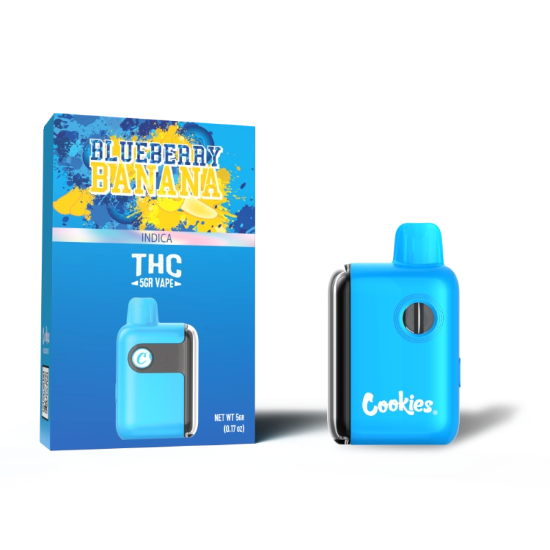 Cookies THC-A Disposable 5G Blueberry Banana (Indica) flavor with a sweet blend of blueberries and bananas for a relaxing, smooth vape.