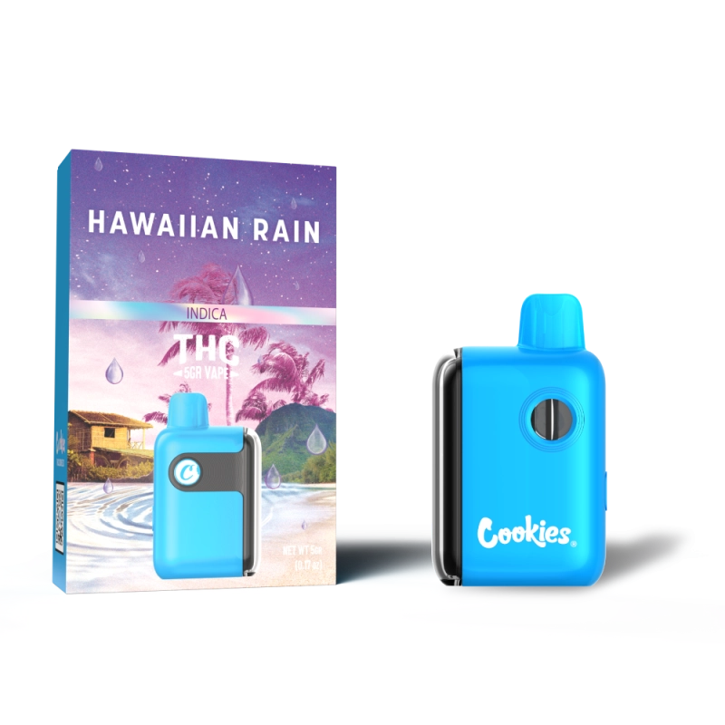 Cookies THC-A Disposable 5G Hawaiian Rain (Indica) flavor with tropical fruits and a smooth, calming finish for a relaxing vape.
