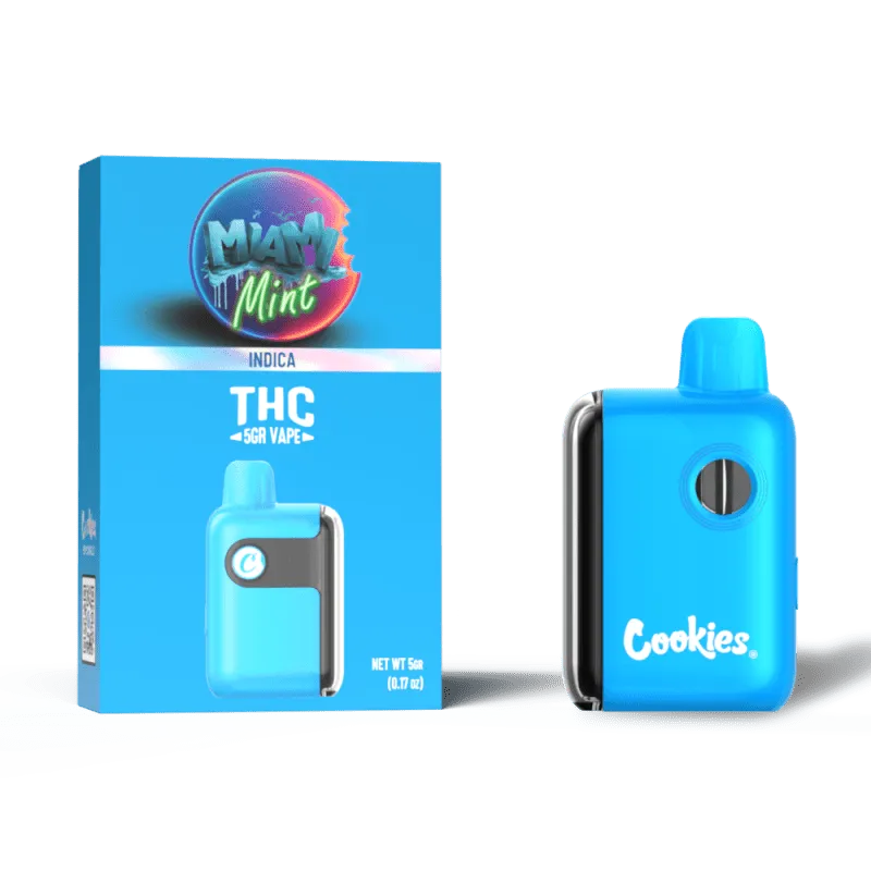 Cookies THC-A Disposable 5G Miami Mint (Indica) flavor with a refreshing minty taste and relaxing effects for a cooling experience.