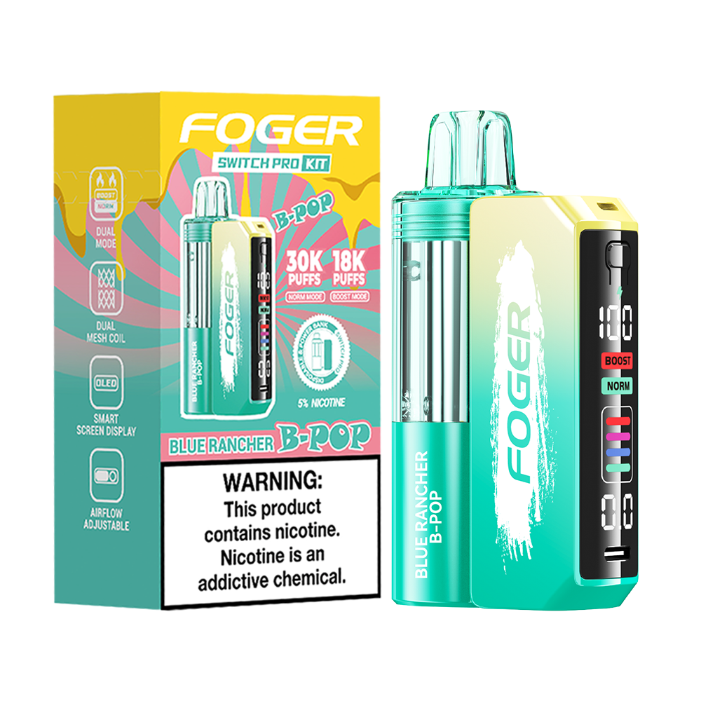 Foger Switch Pro 30K Disposable Blue Rancher B-Pop flavor with sweet blue raspberry candy for a nostalgic, fruity experience.