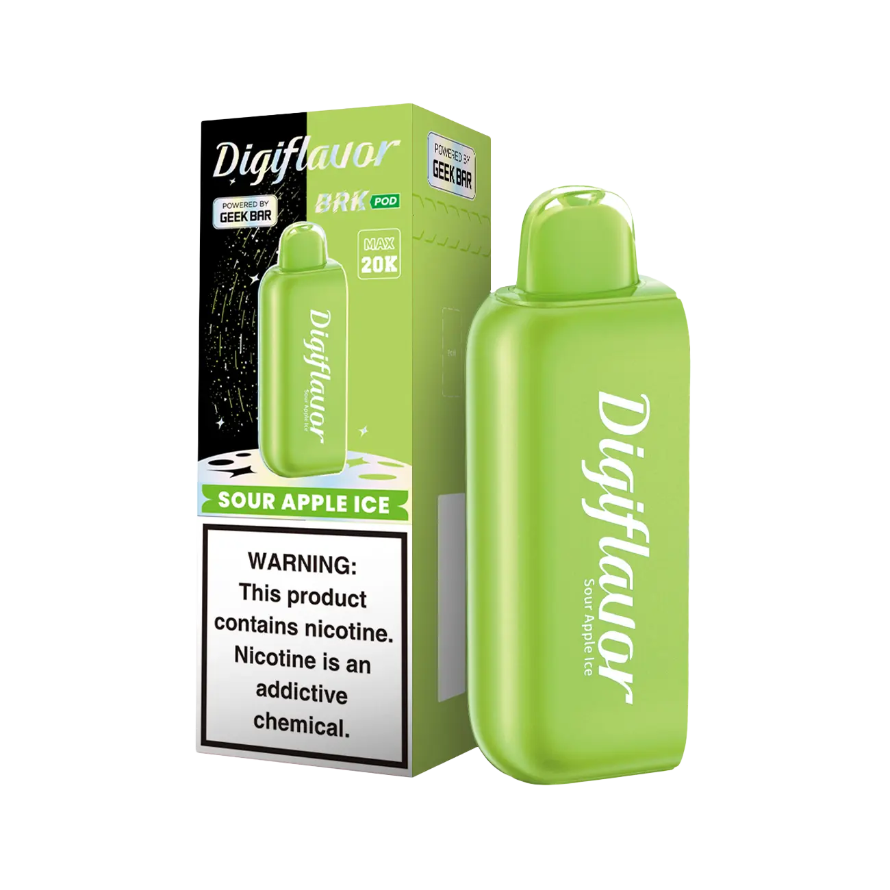 Geek Bar Digiflavor BRK 20000 Disposable Pod Sour Apple Ice flavor with tart green apple and icy menthol.