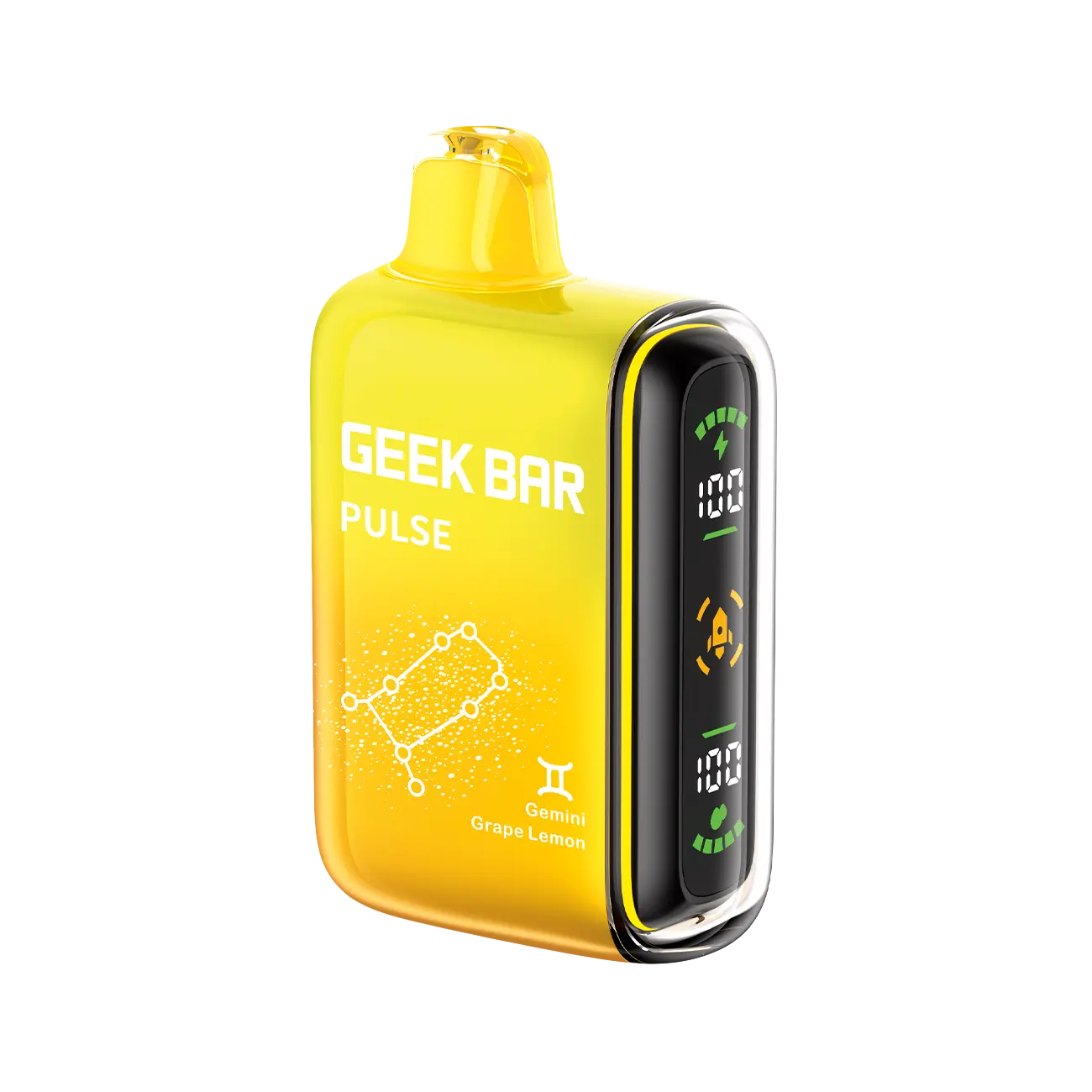 Geek Bar Pulse 15000 Grape Lemon (Gemini Edition) disposable vape featuring zesty grape and lemon flavors designed for Gemini zodiac preferences.