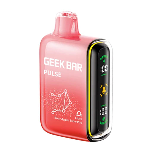 Geek Bar Pulse 15000 Sour Apple Blow Pop (Libra Edition) disposable vape featuring tart and sweet sour apple candy flavors designed for Libra zodiac tastes.