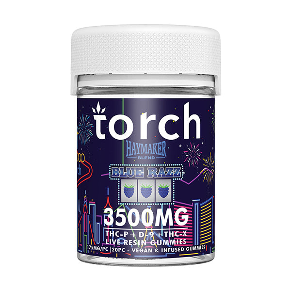 Torch Haymaker Gummies 3500mg Blue Razz flavor with a sweet and tangy blue raspberry taste for a refreshing vape.