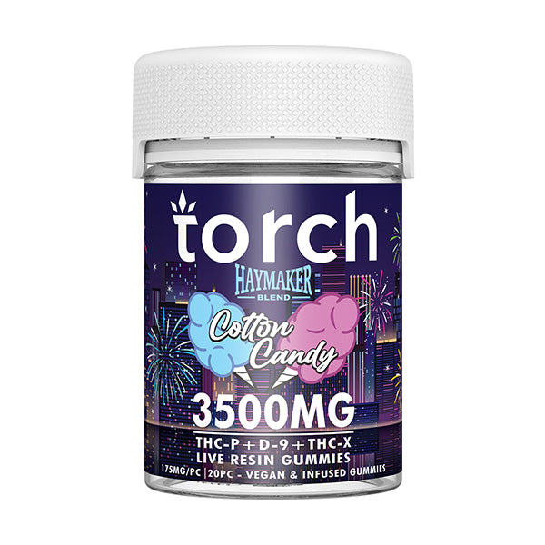 Torch Haymaker Gummies 3500mg Cotton Candy flavor with the nostalgic taste of sweet, sugary cotton candy for a fun treat.