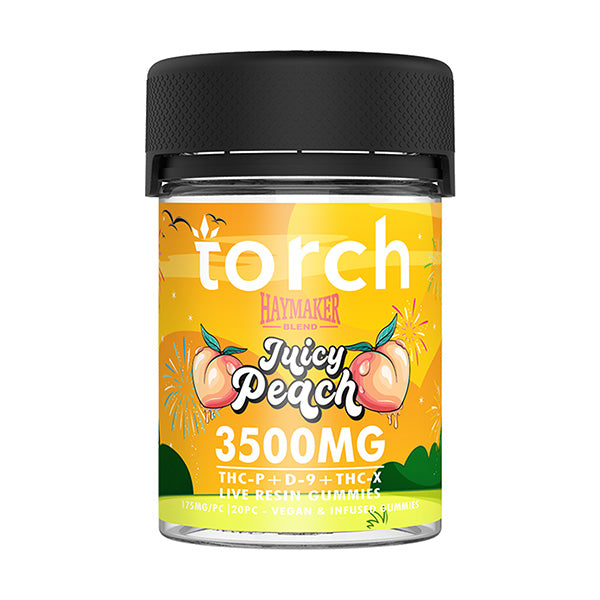 Torch Haymaker Gummies 3500mg Juicy Peach flavor with ripe peaches for a smooth, sweet fruit flavor.