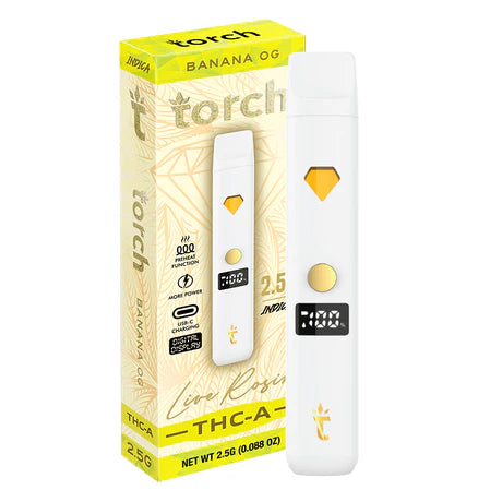 Torch Live Rosin THC-A 2.5g Banana OG flavor with ripe banana sweetness and earthy, kush undertones.