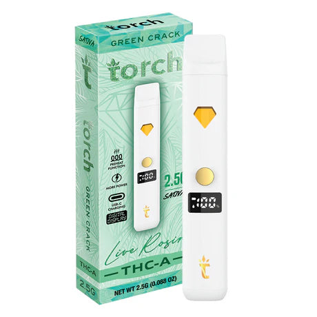 Torch Live Rosin THC-A 2.5g Green Crack flavor with tangy citrus and earthy notes for an energetic, uplifting experience.