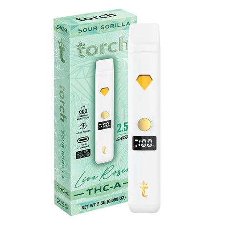 Torch Live Rosin THC-A 2.5g Sour Gorilla flavor with sour citrus and earthy kush, delivering a potent effect.