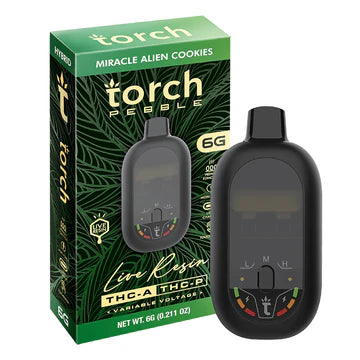 Torch Pebble Live Resin THC-A Miracle Alien Cookies (Hybrid) flavor with sweet, nutty cookies and earthy undertones for a balanced effect.